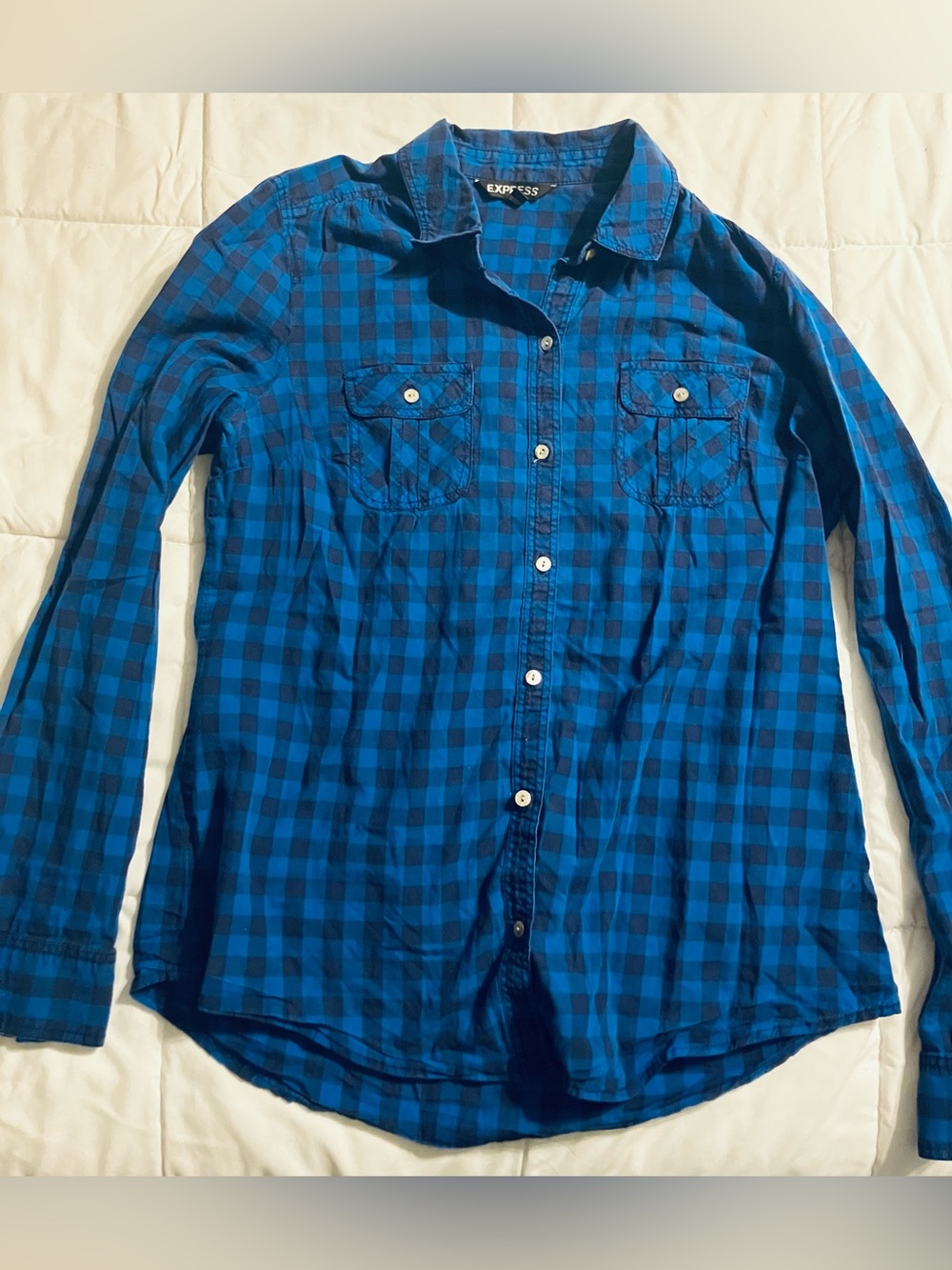 Express Women’s Blue and Black Plaid Button-Down Shirt 100% Cotton